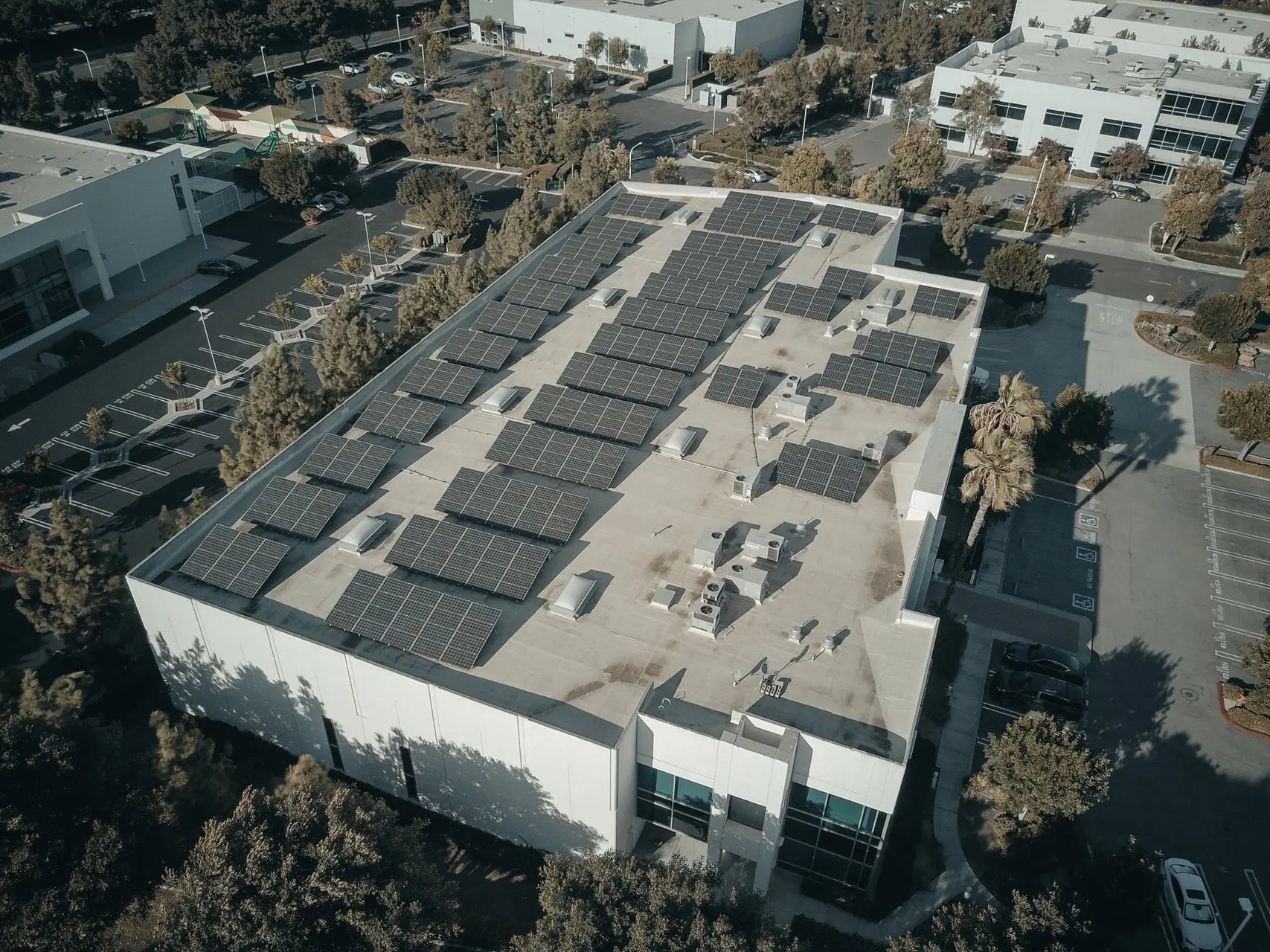 Solar panels installed across the rooftop of a commercial building