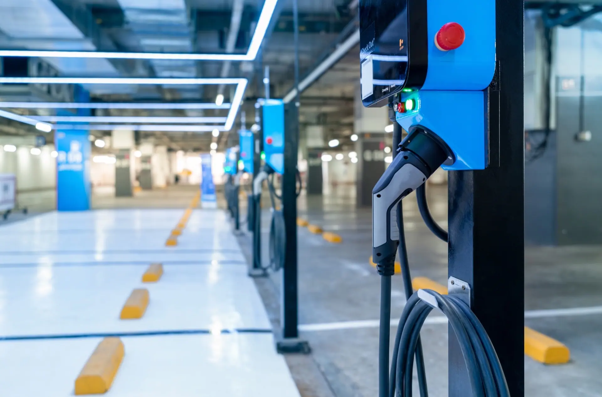 Commercial parking garage equipped with electric vehicle charging stations