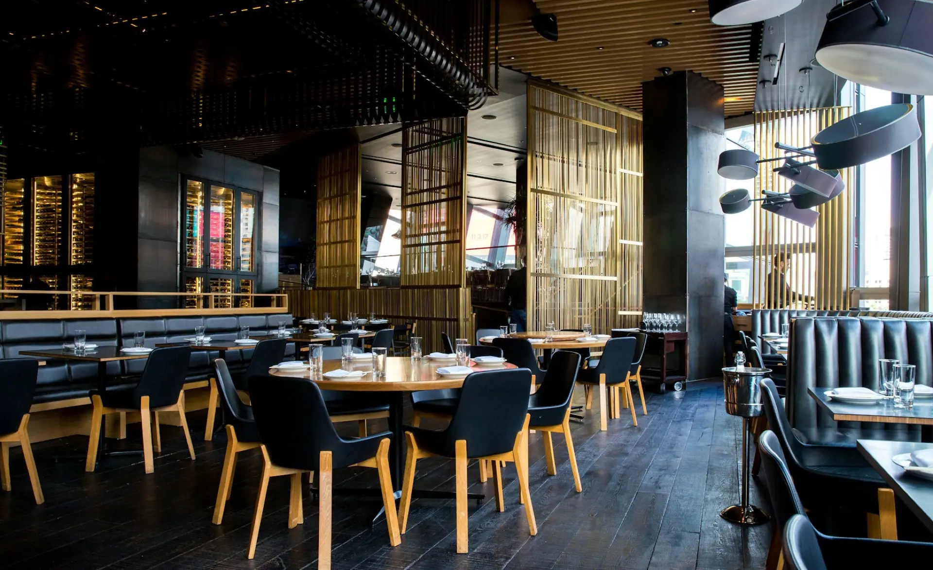 Professional restaurant dining room with commercial lighting